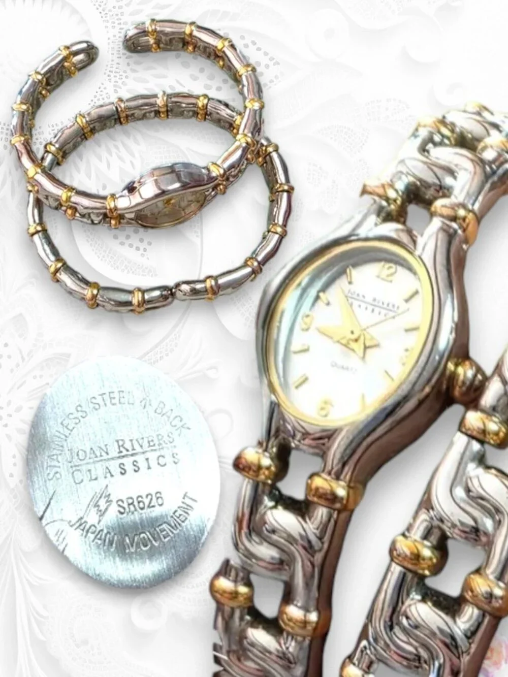 Joan Rivers Two Tone Watch Bracelet Set Stretch Band Vintage WORKS READY TO WEAR